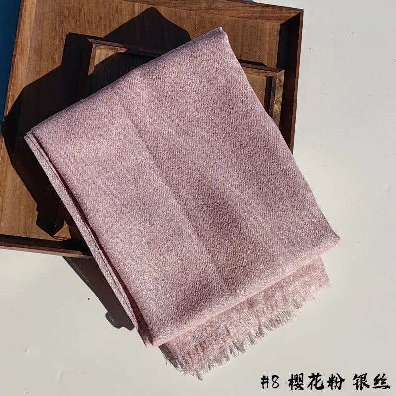 Lastest Brand Design Scarf Shiny Solid Color Shawls Rayon Fabric Gold Silk Silver Wire Head Shawl Fringe Hijab For Women 7