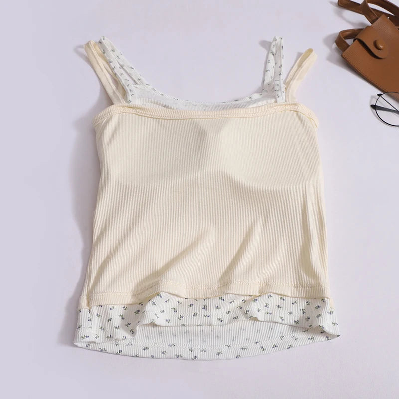Women Sweet Patchwork Floral Printing Tank Tops With Bra Pad Sexy Off Shoulder Spaghetti Strapy Top Summer Worn Outside Camisole