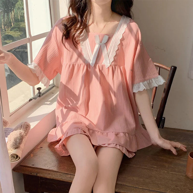 Palace Style Pajamas Ladies Summer Loungewear Set Short-Sleeved with Cushion Korean Small Sweet Girlfriends Loungewear Set