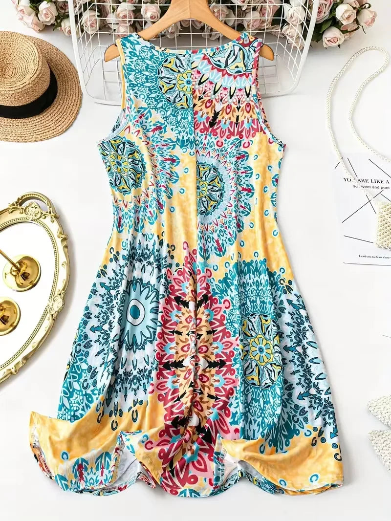 plus Size Printed Casual V-Neck Geometric Pattern Sleeveless Dress for Women