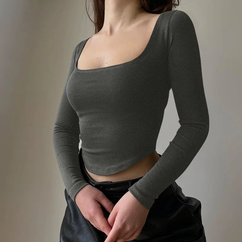 Square Collar Long Sleeve Casual Women T Shirts Green Autumn Skinny Sexy Solid Basic Crop Tops Fashion Streetwear GRAY