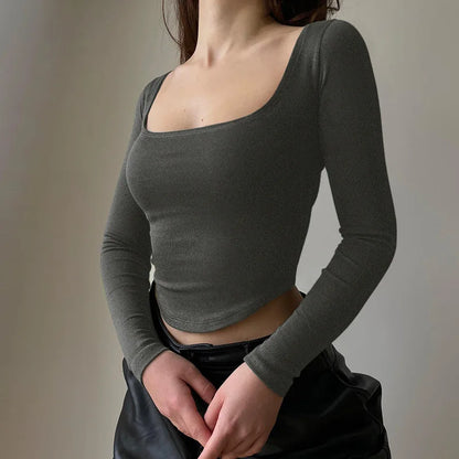 Square Collar Long Sleeve Casual Women T Shirts Green Autumn Skinny Sexy Solid Basic Crop Tops Fashion Streetwear GRAY