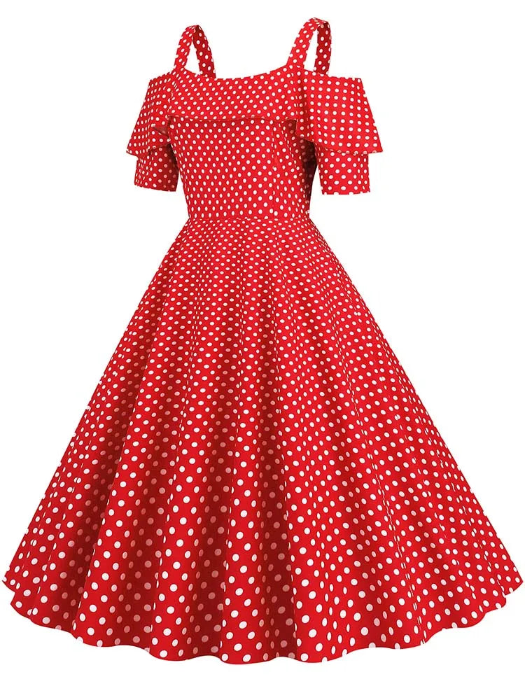 Off the Shoulder Elegant Vintage Party Dress Women Summer Polka Dot Ruffles A Line Midi Dresses