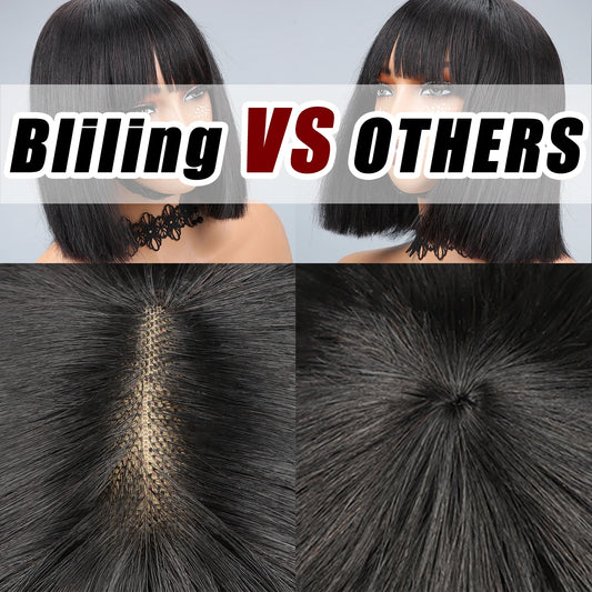 200% Human Hair Wig With Bang Natural Glueless Straight Layered Bob Hairstyle 1X13 Transparent Lace Black for Women 10 Inch Badiee Stylez