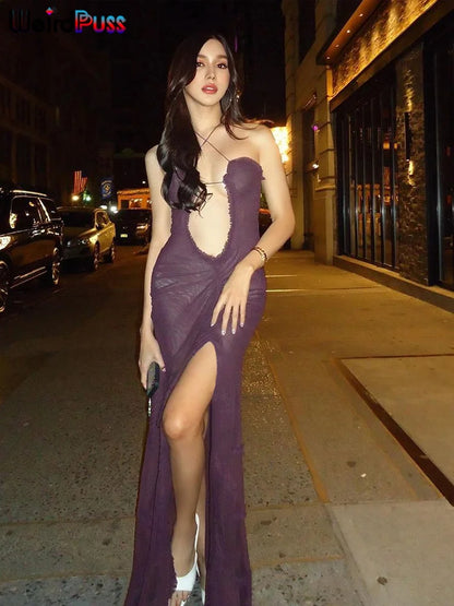 Weird Puss Side Split Women Dress Spaghetti Strap Halter Neck Edible Tree Fungus Hollow Out Sexy Evening Party Ladies Vestido