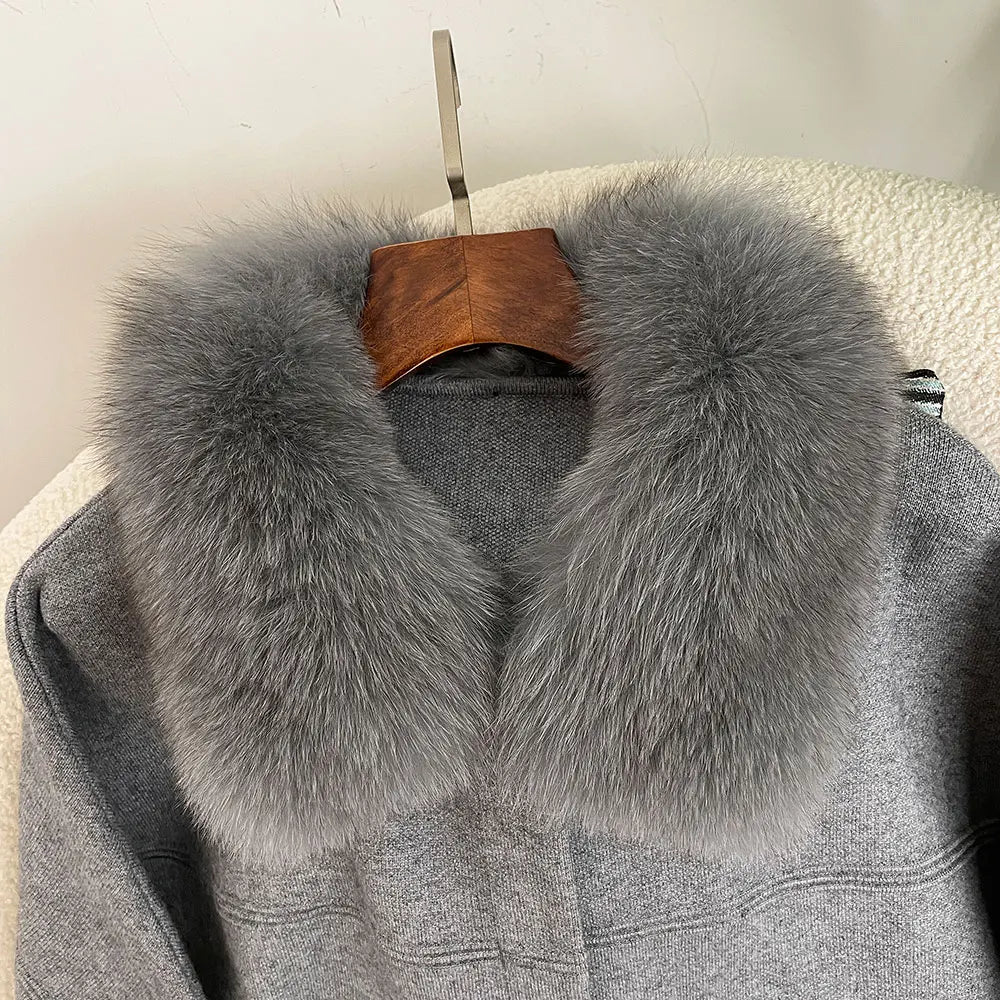 FURYOURSELF 2025 New Real Fox Raccoon Fur Collar Coat Knitted Sweater Women Short Sleeve Jacket Thick Warm Outerwear streetwear