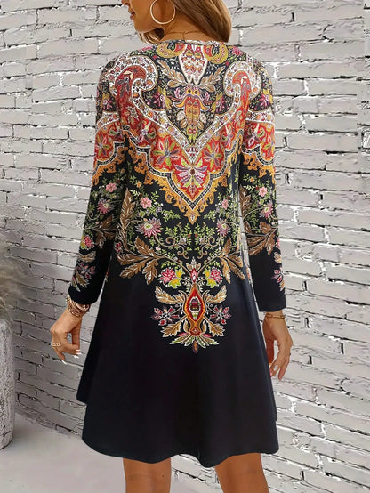 Women's casual retro style printed long sleeved dresses for women,fashion scallop women short dresses,spring outfits for women