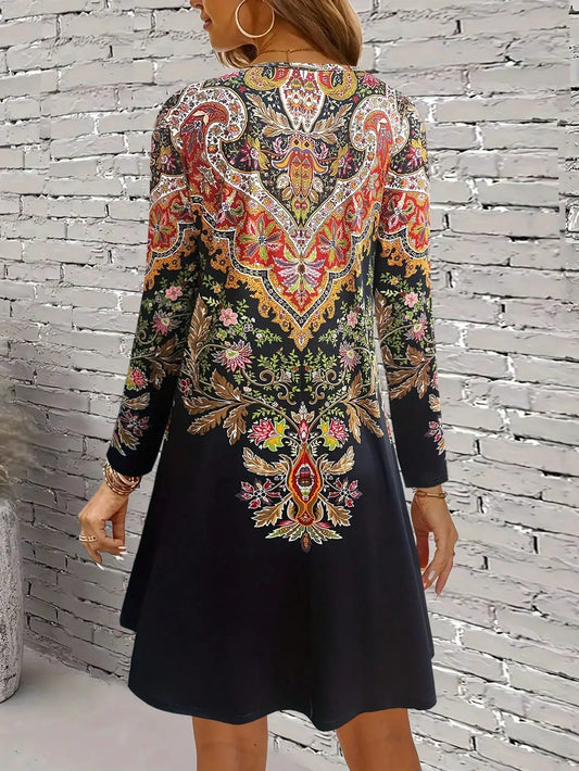 Women's casual retro style printed long sleeved dresses for women,fashion scallop women short dresses,spring outfits for women