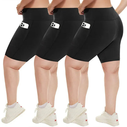 Women's High-Waisted Yoga Shorts Plus Size Workout Leggings with Dual Pockets Stretch European Style Activewear for Gym & Casual