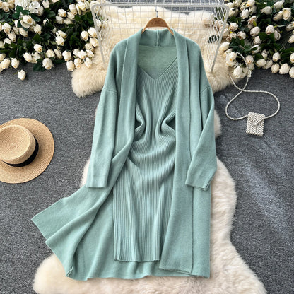 SINGREINY Autumn Knitted Two Pieces Sets Ladies Loose Knitting Cardigan+Spaghetti Strap Bodycon Dress Basic Solid Winter Suits Badiee Stylez