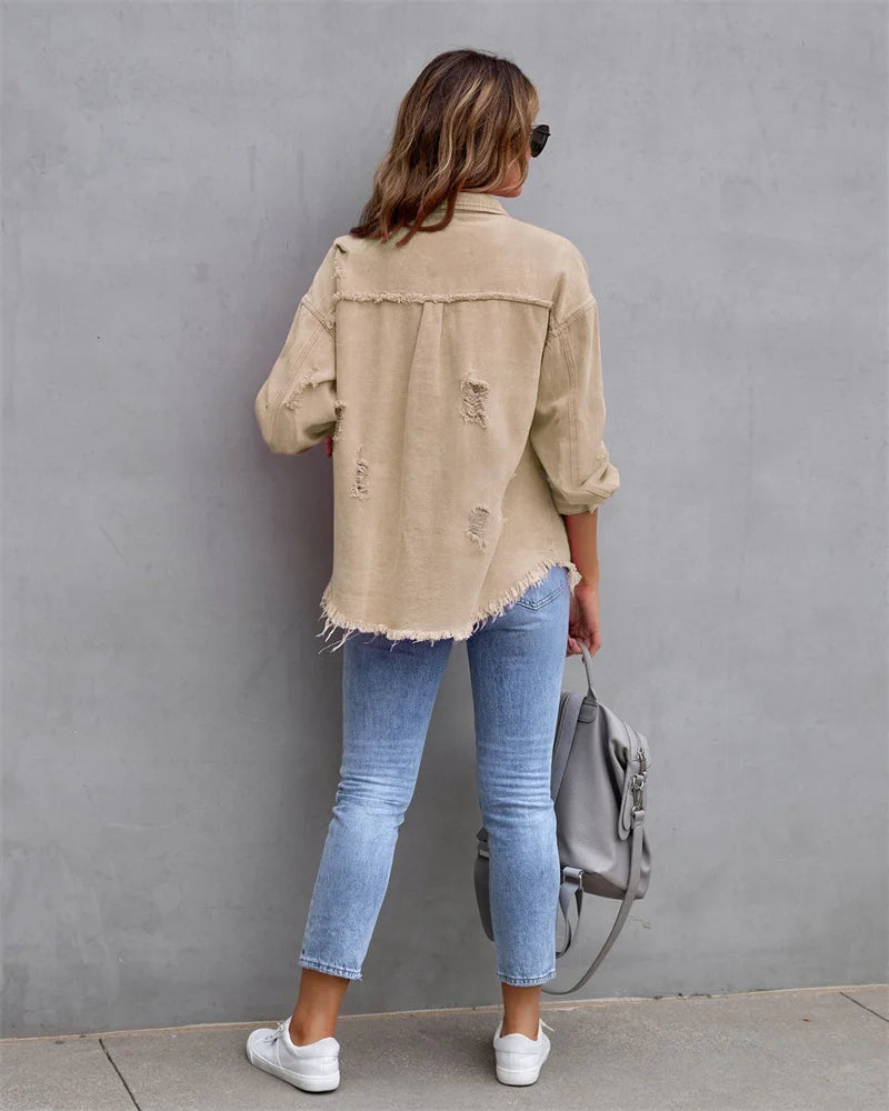 2025 Spring Autumn Shirt Style Denim Jacket Women Holes Raw-edges Jeancoat Casual Tops Female Oversize Loose Outerwear 7 Colors