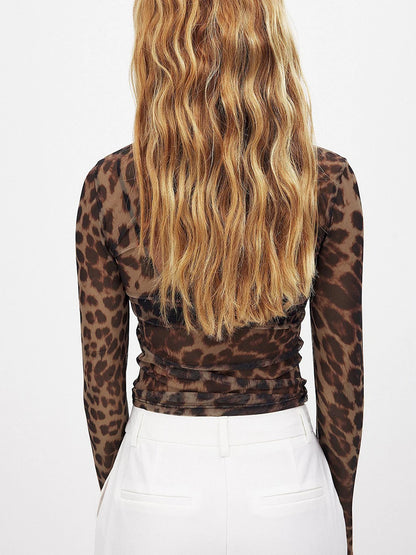 hirigin Women Sheer Leopard Print Tops Slim Fitted Long Sleeve See Through Mesh Shirts Going Out Y2K Vintage Streetwear