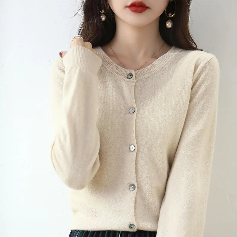 Knitted Cardigan Women's Sweater Autumn And Winter 2022 New Solid Color Coat Round Neck Short Long Sleeve Loose Korean Fashion Beige CHINA