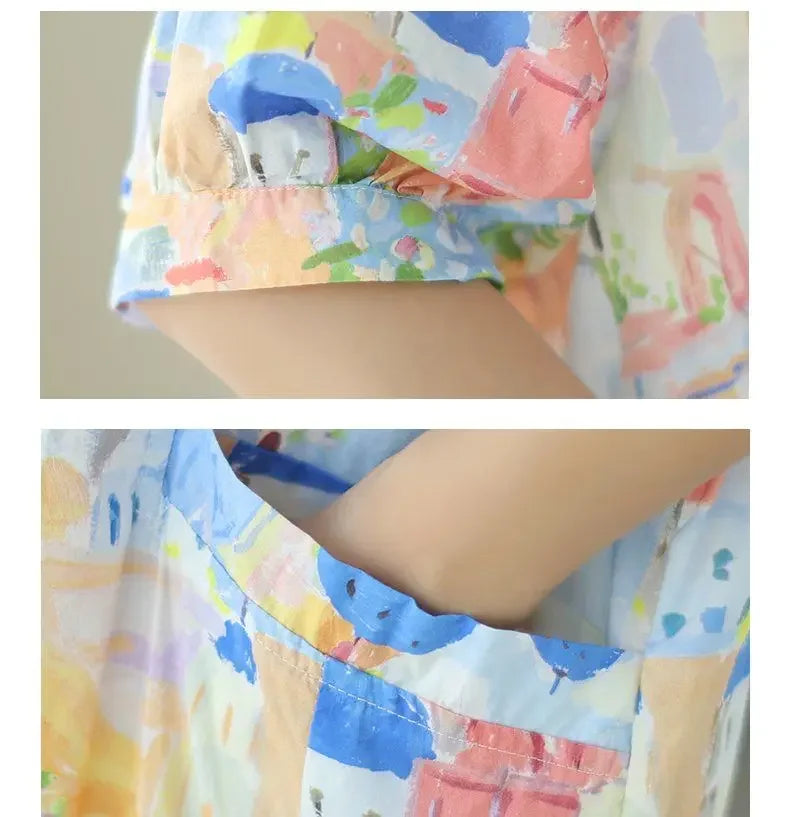 Fashionable Cartoon Printed Short-sleeved Shirt Skirt for Women in Summer Loose Dress