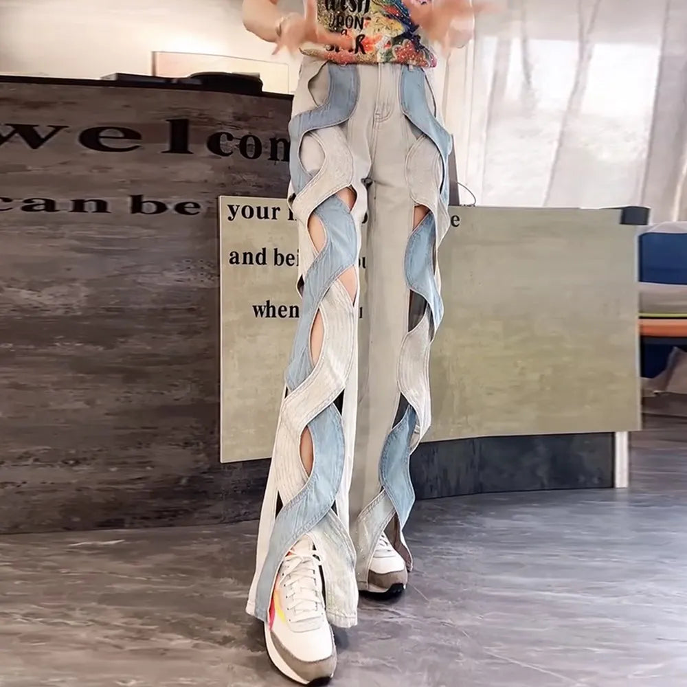 VGH Crisscross Hit Color Streetwear Denim Trousers For Women High Waist Patchwork Pockets Hollow Out Split Pants Female 2024 BLUE