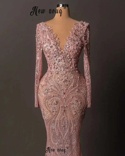 Customized Deep V Neck Dusty Pink Prom Dresses Beaded Lace Long Sleeve Wedding Party Gowns Bridal Wear Wedding Dresses Luxury Badiee Stylez