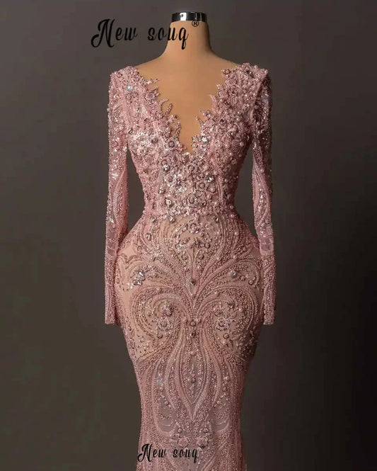 Customized Deep V Neck Dusty Pink Prom Dresses Beaded Lace Long Sleeve Wedding Party Gowns Bridal Wear Wedding Dresses Luxury Badiee Stylez
