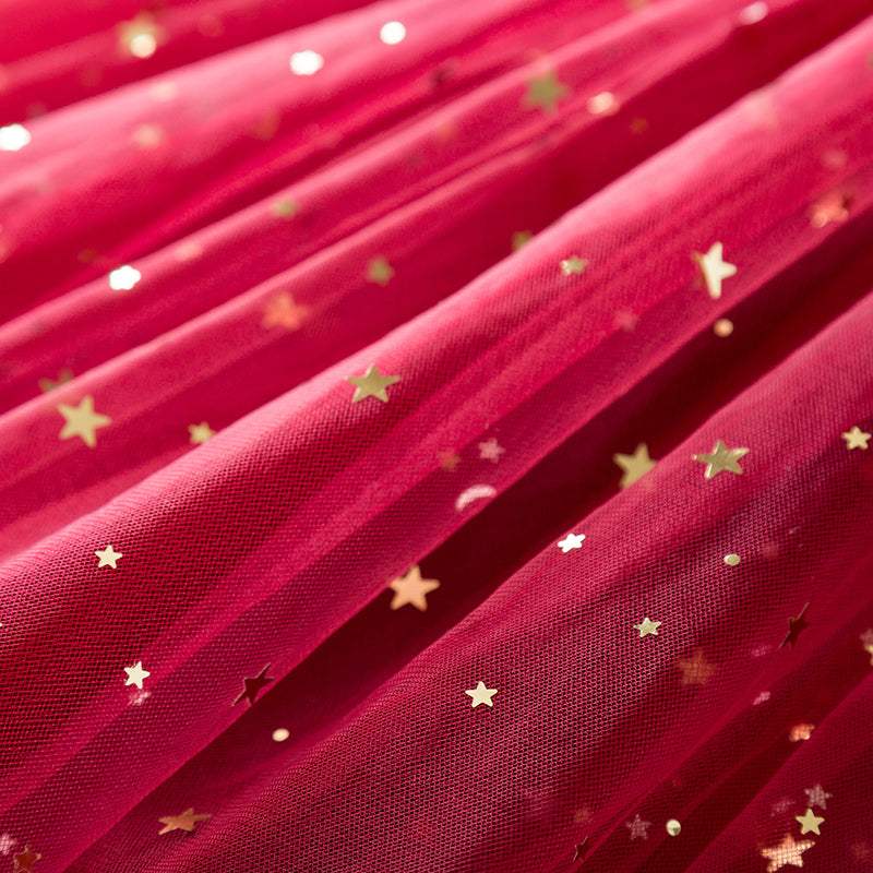 2025 Red Christmas Dress for Baby Girls Winter Long Sleeve Mesh Dresses for 3-8Yrs Kid Star Sequin Birthday Party Princess Dress