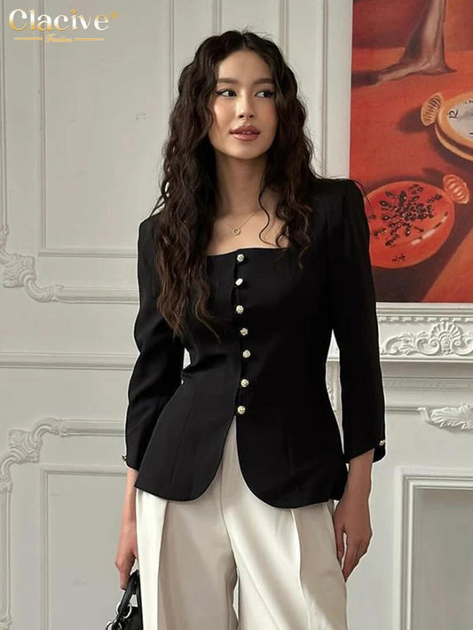 Clacive Bodycon Black Office Women's Shirt Fashion Square Collar Long Sleeve Shirts Elegant Classic Solid Tops Female Clothing black CHINA