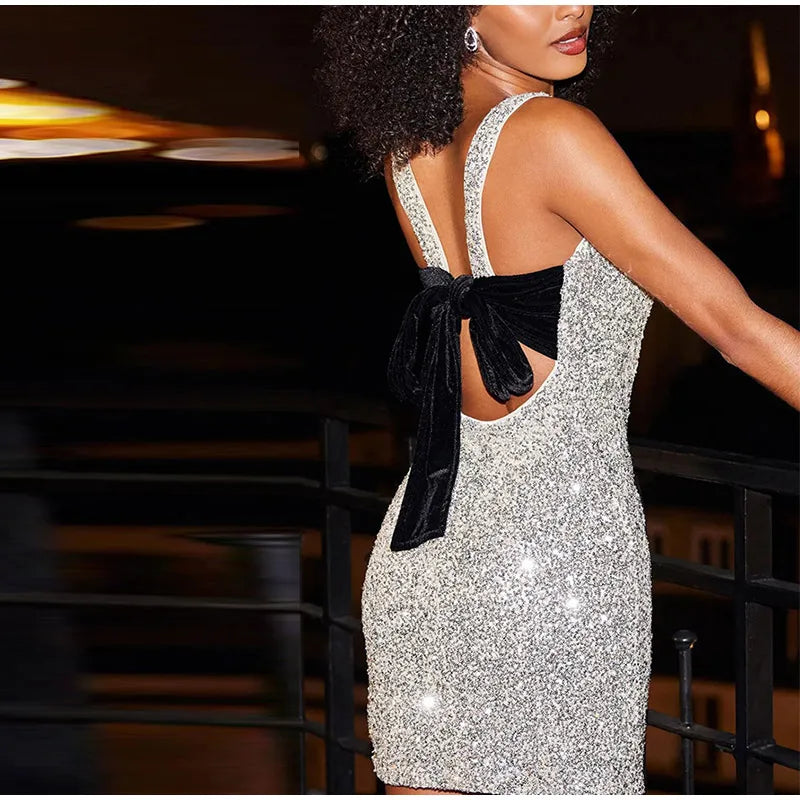 Sexy Sequins Short Black Party Dresses for Women Halter V Neck Backless Sparkly Ruffles Woman Mini Dress 2025 New Club Gowns