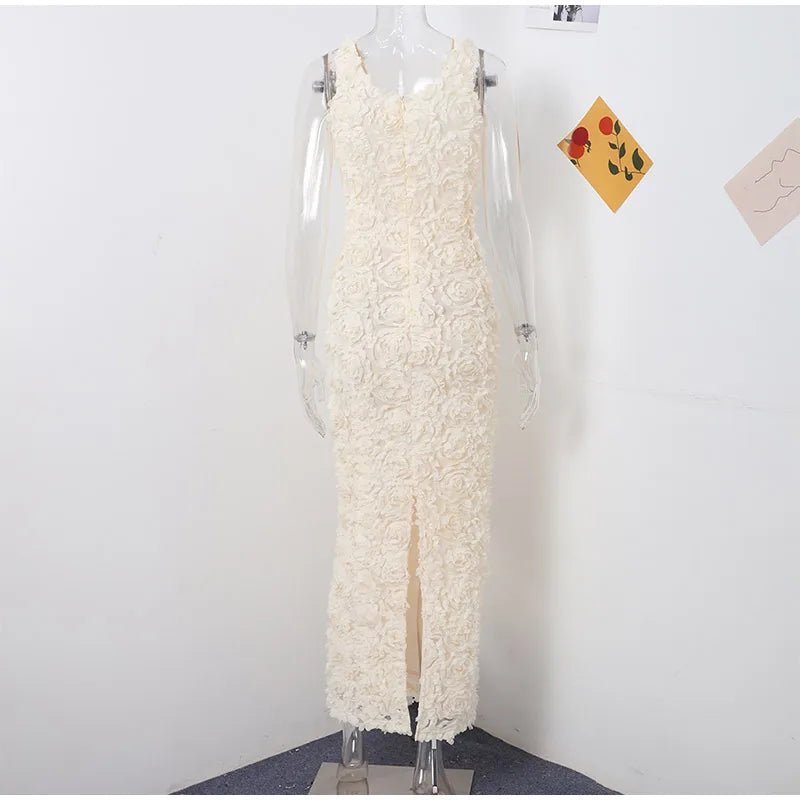 Sexy 3D Flower Deep V-neck Dress Women Slim Sleeveless Backless Split Hip Package Midi Dresses 2025 Spring Ladies New Vestidos