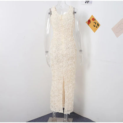 Sexy 3D Flower Deep V-neck Dress Women Slim Sleeveless Backless Split Hip Package Midi Dresses 2025 Spring Ladies New Vestidos