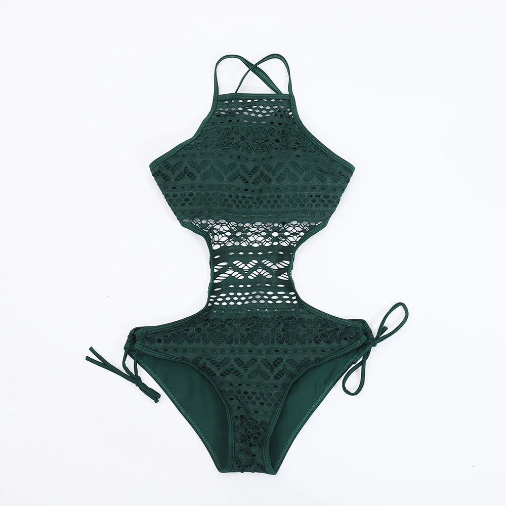 New 2024 women swimsuit one pieces swimwear female sexy hollow monokini lace halter bathing suit pad beachwear solid bodysuit