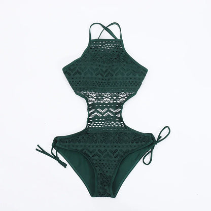 New 2024 women swimsuit one pieces swimwear female sexy hollow monokini lace halter bathing suit pad beachwear solid bodysuit