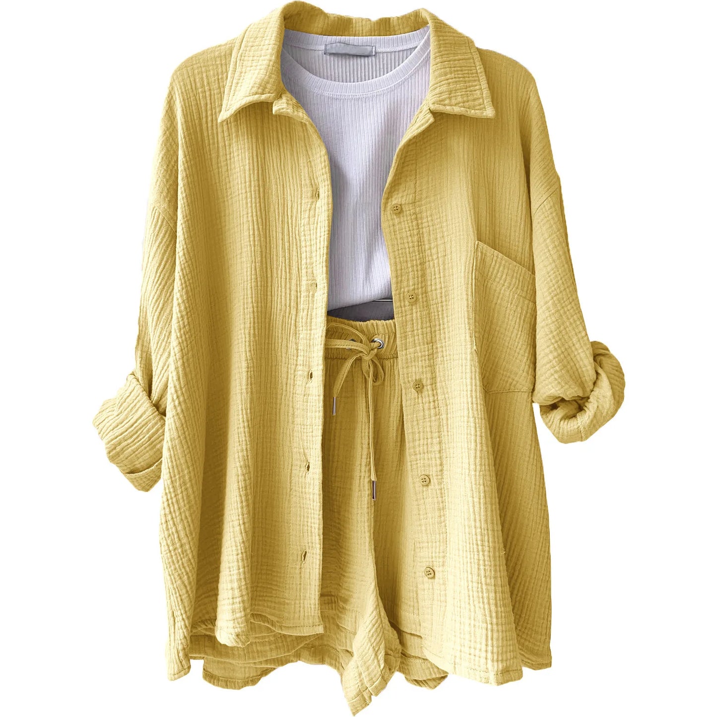 Short Sets Women Tracksuit Single Breasted Cardigan Blouses Two Pieces Shorts Loose Button High Street Solid Pockets Folds Yellow