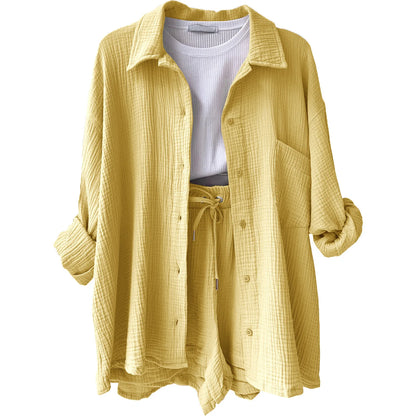 Short Sets Women Tracksuit Single Breasted Cardigan Blouses Two Pieces Shorts Loose Button High Street Solid Pockets Folds Yellow