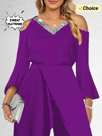 2024 Women's New Split Sequin Solid V-neck Basic Business Elegance Wide Leg Loose Sleeve Flare Sleeve Jumpsuit Bodysuit