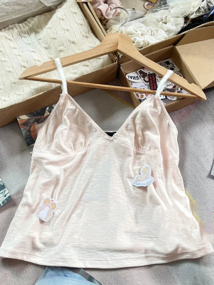 Floral Print Bow V Neck Camis Women Chic Lace Trim Sleeveless Slim Crop Tops Vest Sweet Casual Fashion Raw Hem Tank Top Y2k New New light pink One Size