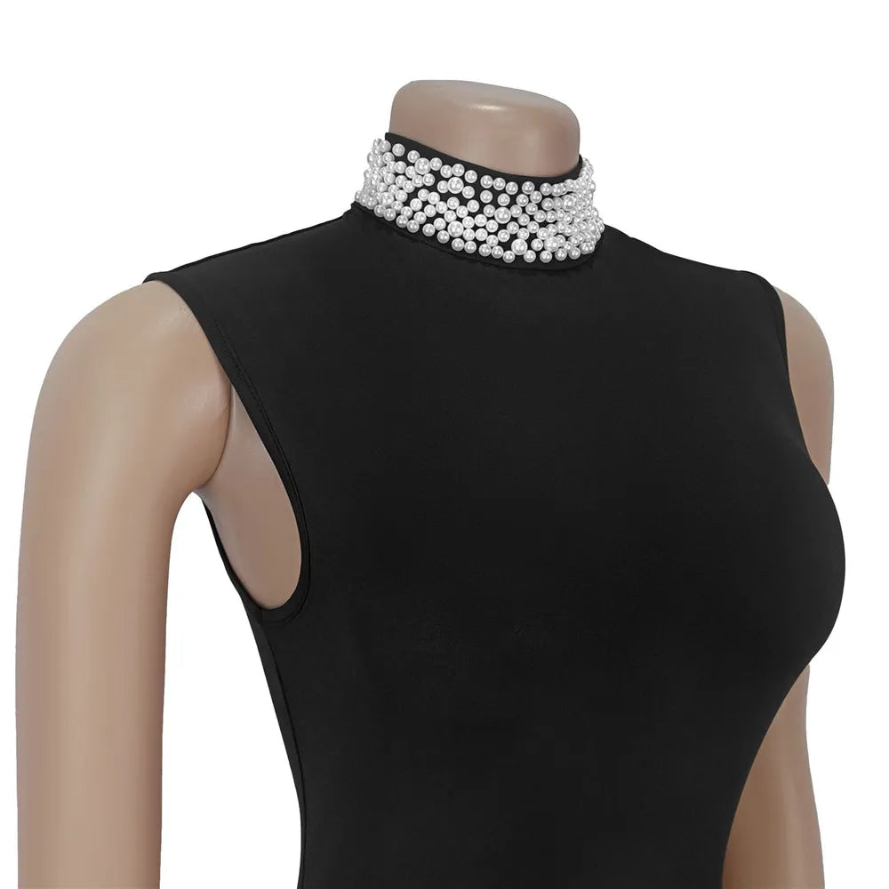 RLMABABY Elegant Splice Ruched Women Black Gown Long Bodycon Dress Pearl Stand Collar Sleeveless Club Party Sheath Maxi Dress