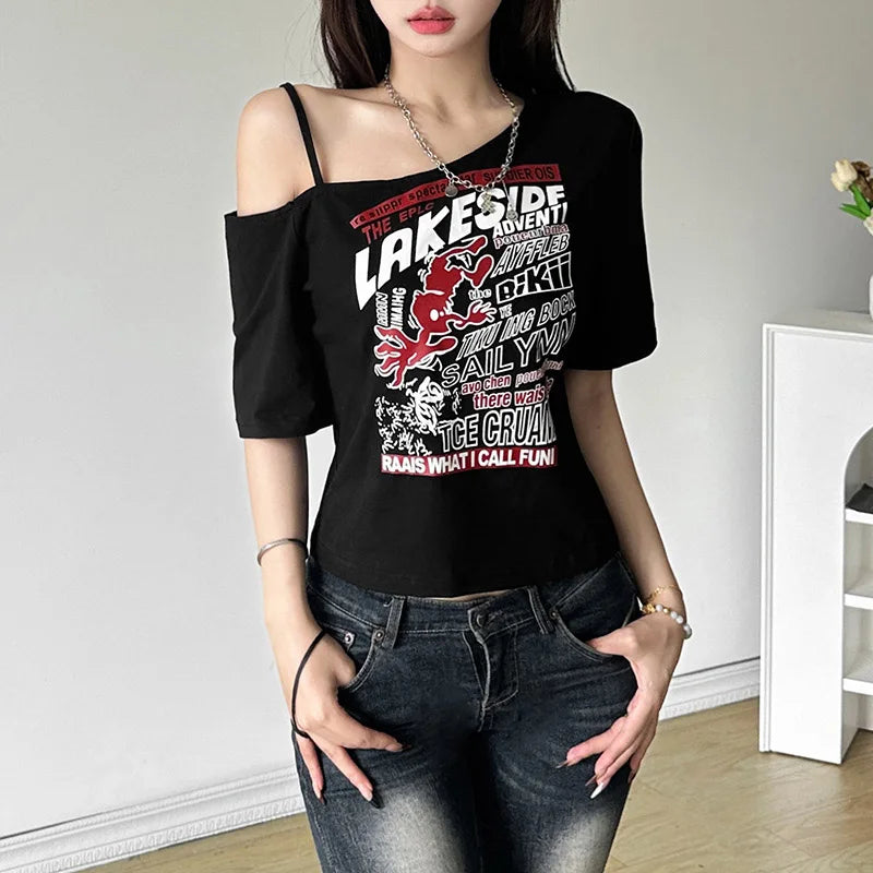 Gothic Tee Y2k Letter Print Off Shoulder Punk T-shirts Women Harajuku Summer Streetwear Grunge T Shirt Aesthetic Sexy Crop Tops