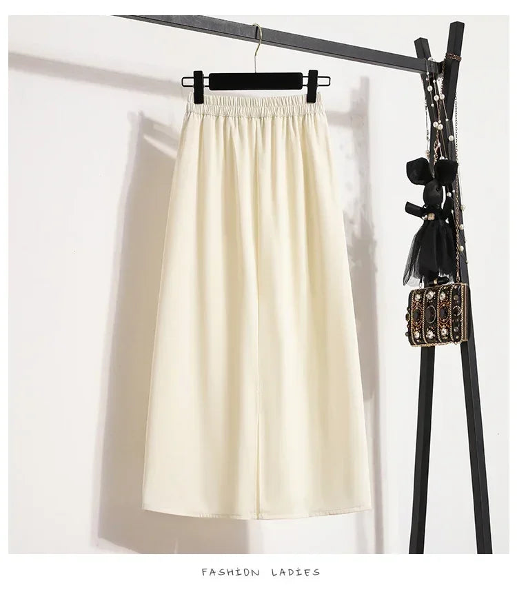 2025 Summer Female Fashionable Versatile Solid Skirts High Waisted Mid Length A-line Plus Size Skirt Split Wrap Body Skirt