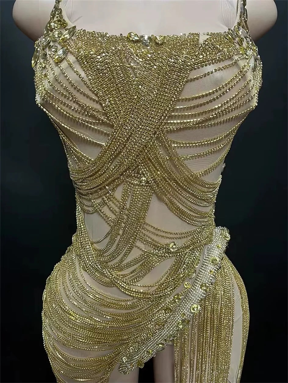 STOCK Sparkly Rhinestone Fringe Dress Women Sexy Birthday Wedding Party Prom Drag Queen Costume Outfit Stage Wear Festival