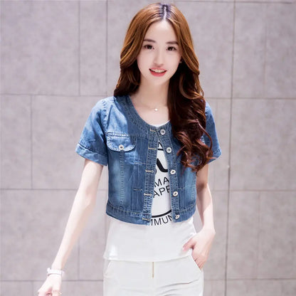 2023 Spring/Summer New Denim Jacket Women's Korean Casual Slim All-Match Short Crop Sleeve Short Sleeve Denim Button Up Top 618502