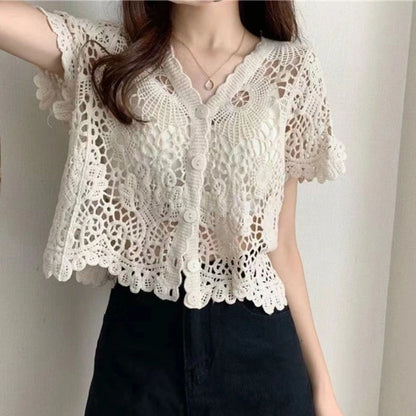 Women French Style Short Sleeve Lace Shrug Hollow Out Crochet Knit Cardigan V-Neck Button Down Sheer Crop for Jac