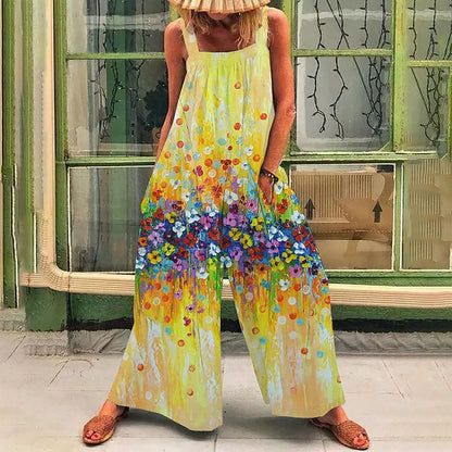 New 2025 Summer Casual Ladies plus Size Floral Romper Pantsuit Popular Sales Comfortable Women's Clothing Floral Print Romper Lemon yellow