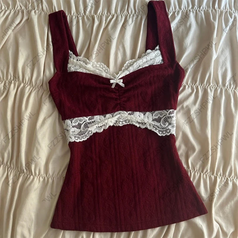 Solid color lace stitching suspenders bow decoration casual Y2K crop top rock retro aesthetics slim fit versatile punk women top Red