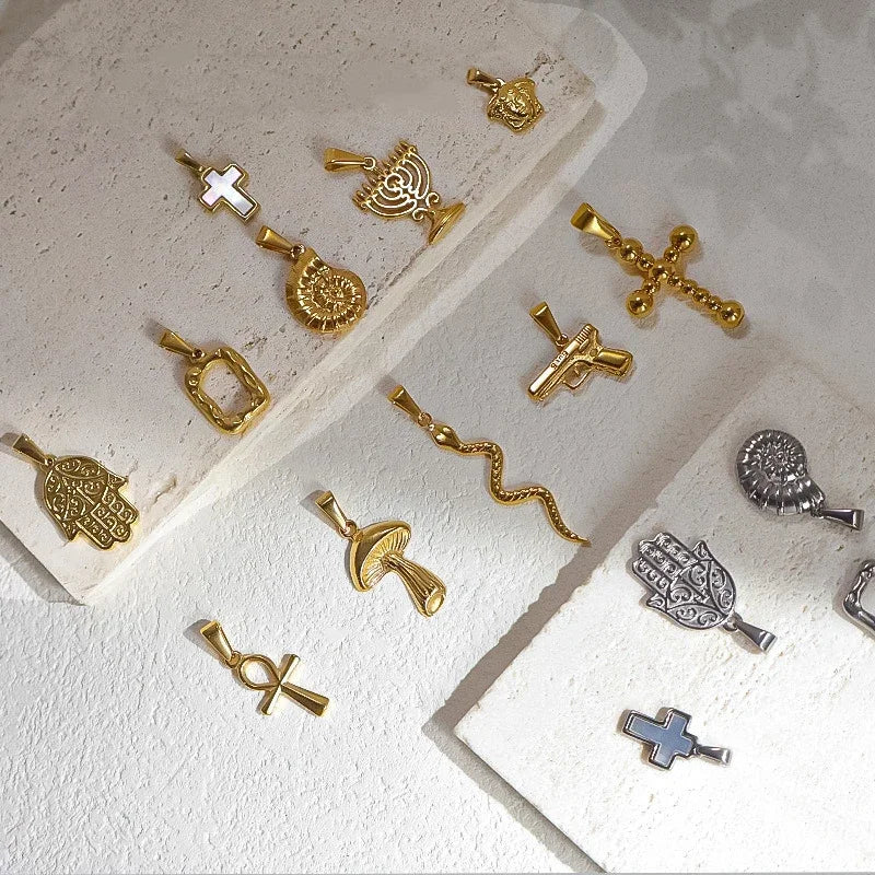 RHYSONG Geometric Stainless Steel 18K Gold Plated Snake Cross Palm Conch Mushroom Pistol Pendant For Women Diy Findings Jewelry