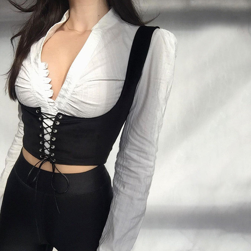 Women Corset Bustier Crop Top Lace-up Bandage Black Gothic Leather Underbust Suspender Cami Vest Waist BodyshaperTank Cummerbund