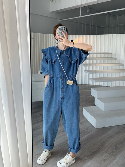 Jumpsuits Women 2022 New Fashion Autumn Spring Jeans Doll Collar Solid  Full Length High Waist Loose Jump Suits for Women Badiee Stylez