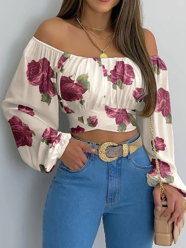 Women Sexy Off Shoulder Printing Blouses Chic and Elegant Lantern Long Sleeve Lace Up Bow Cropped Tops Casual Slim Shirts 2023 Print White