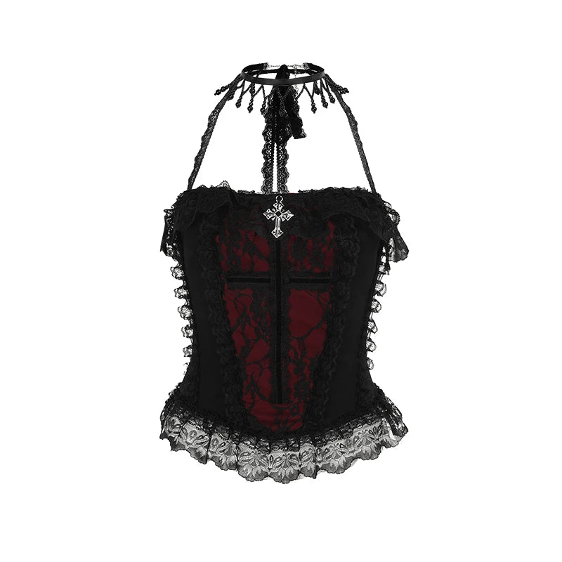 Goth Sexy Lace Corset Crop Tops Camis Y2K Harajuku Aesthetic Black Red Cross Basic Tank Top Summer Women Grunge Emo Streetwear XS24290