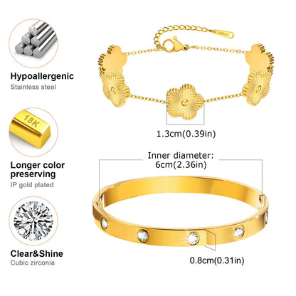 Vnox Exquisite 13mm Clover Bracelet Set for Women, Love Gift Bracelets for Wife Mothers Day Jewelry, Stainless Steel Cuff Bangle Badiee Stylez