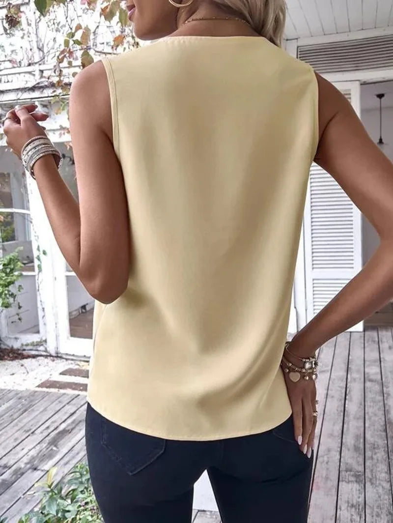 Fashion Sleeveless V-neck Tank Top Women Solid Casual Blouse Shirt 2023 Summer Elegant Office Womens Tops And Blouses
