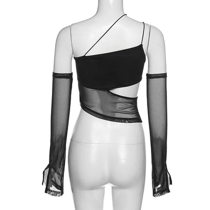 Asymmetrical Cut Out Mesh Crop Top with Sleeves Fairy Grunge Clothes Transparent Camisole Tank Tops