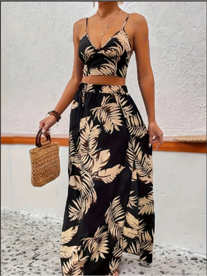 Elegant Deep V-neck Dress Women Summer Sleeveless Printed Vest Skirt Set Sexy High Slit Trend Dresses Black