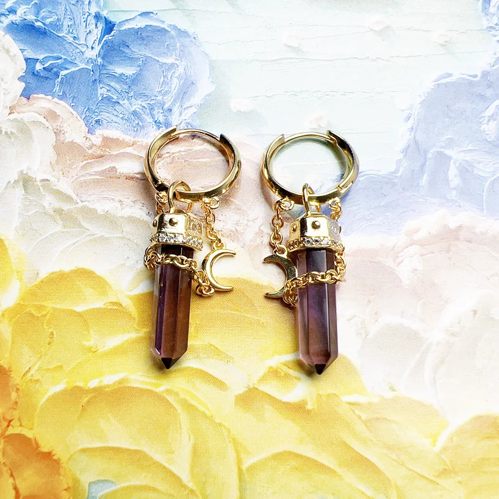 Gold Plated Hoop Earrings Moon with Imitation Amethysts Europe Fine Jewerly For Women Vintage Gift In Solid 925 Sterling Silver